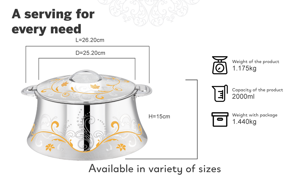 PRADEEP AVA Stainless Steel Insulated Serving Casserole with Design Lid/Double Walled/Stainless Steel Casserole/Hot & Cold/Dishwasher Safe/Serving Casserole/BPA Free/Easy to Carry/Silver-Gold