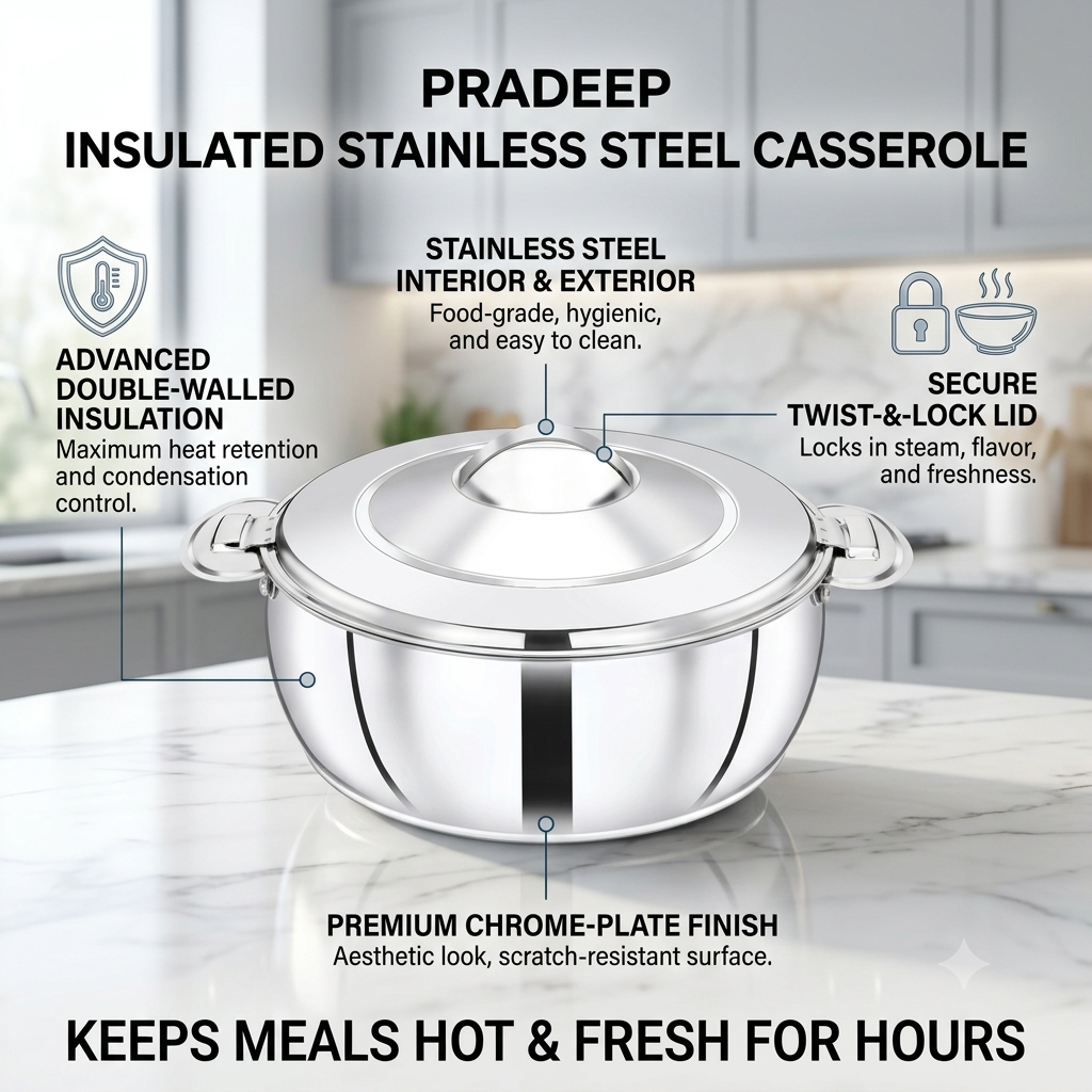 PRADEEP Paros Stainless Steel Insulated Casserole Hotpot | Double Wall PUF Thermal Insulation | Twist Lock Steel Lid | Hot Case Hot Box for Roti, Chapati, Rice & Gravy