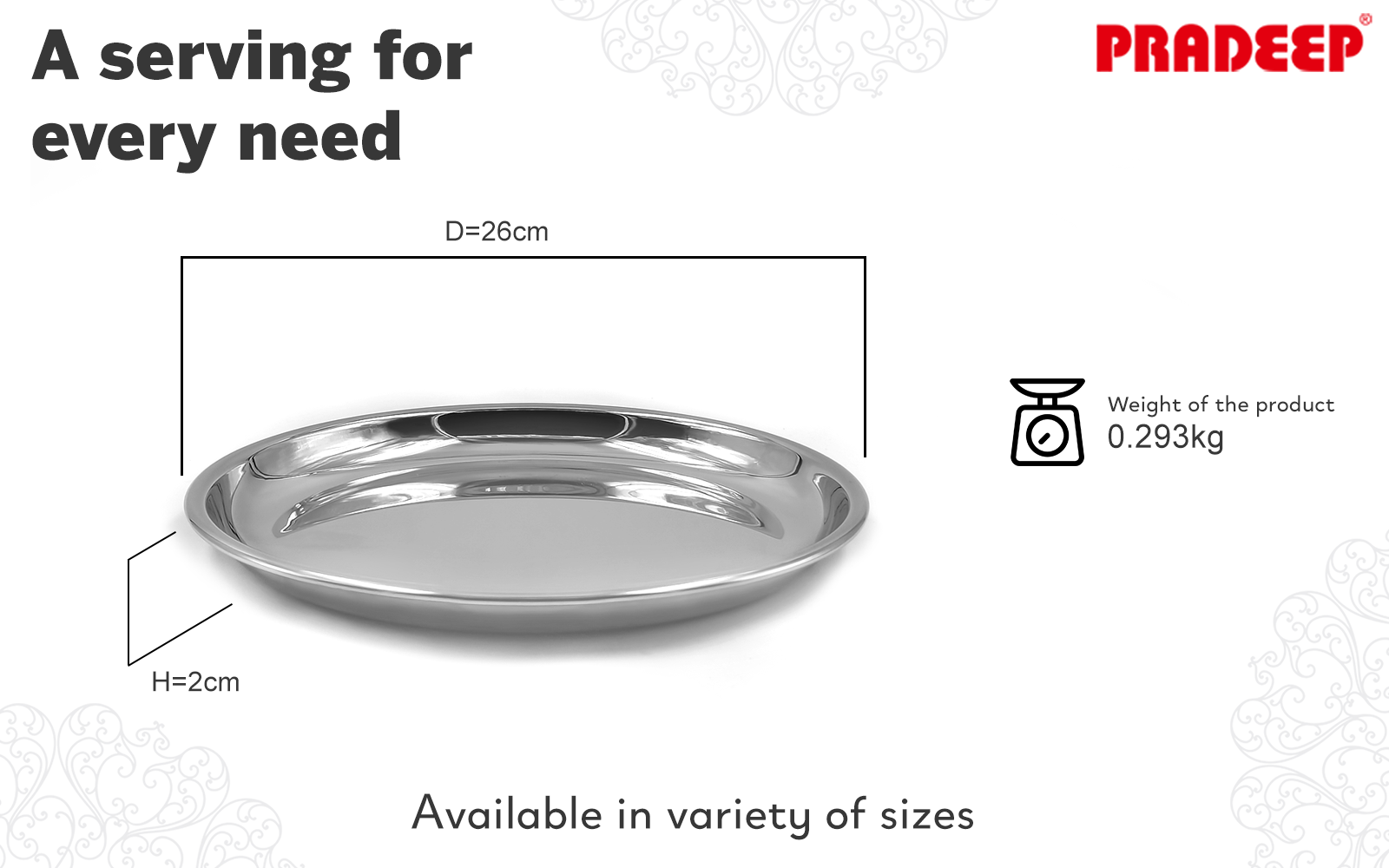 PRADEEP Stainless stell Heavy Gauge Dinner Plate with Mirror Finish/Serveware Plates/Snacks Plates/Thali Plates/Food Grade/Quarter Plates/Full Plates/Steel Serving Plate for Dinner