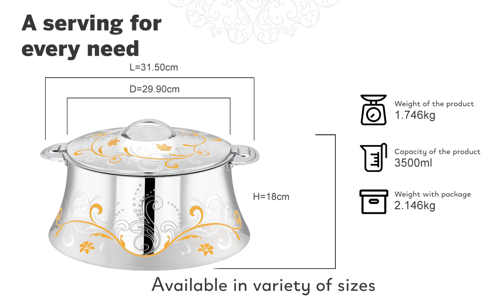 PRADEEP AVA Stainless Steel Insulated Serving Casserole with Design Lid/Double Walled/Stainless Steel Casserole/Hot & Cold/Dishwasher Safe/Serving Casserole/BPA Free/Easy to Carry/Silver-Gold