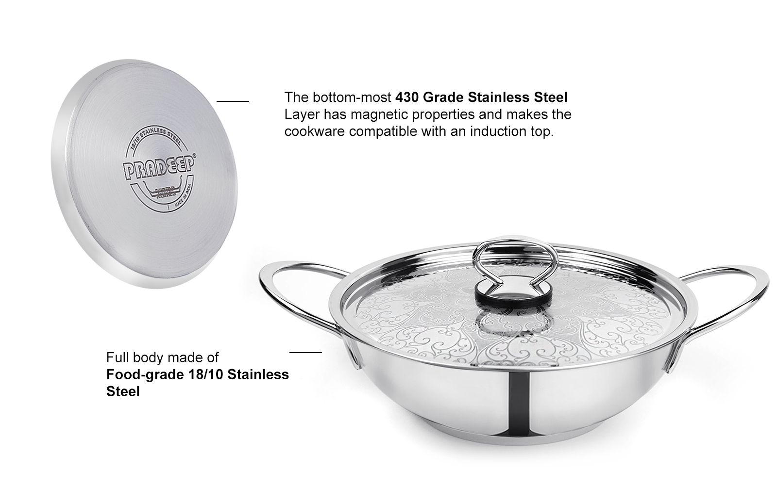 Pradeep Stainless Steel Sandwich Bottom Kadai (Delicia) with SS Design Lid