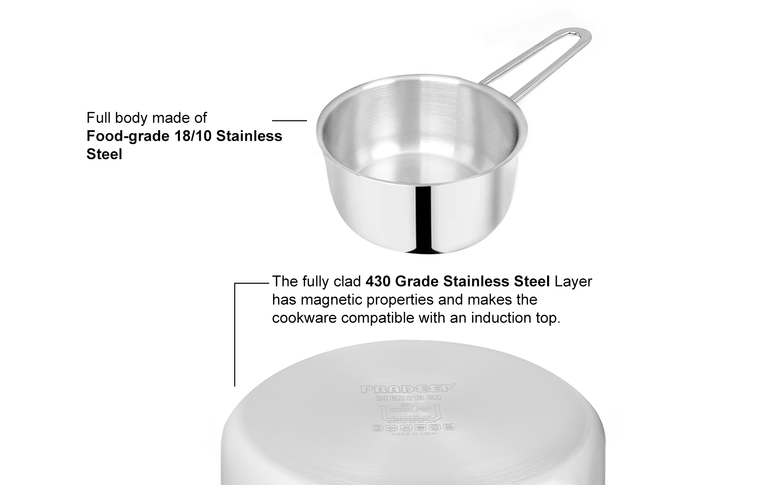 Pradeep Stainless Steel Saucepan with SS Design Lid (Proline)