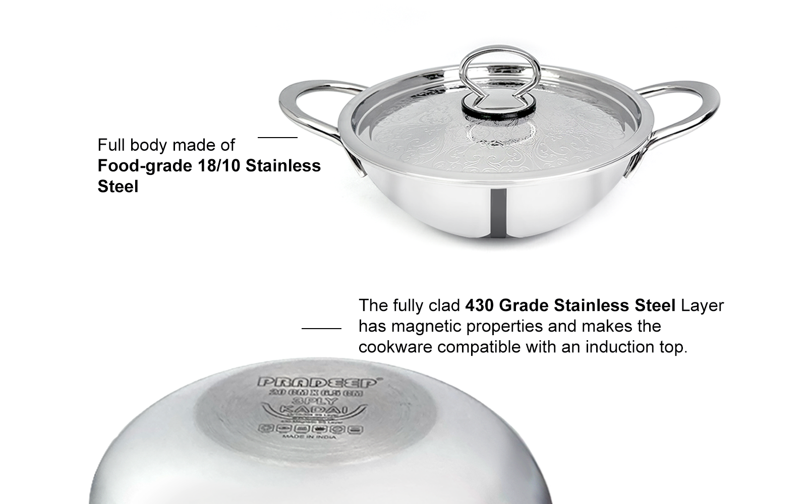 Pradeep Stainless Steel Triply Kadai with SS Design Lid (PROLINE)