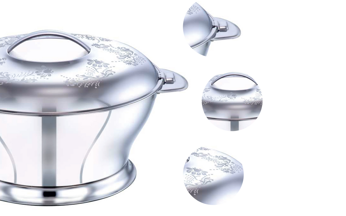 PRADEEP BLOOM Stainless Steel Insulated Serving Casserole with Design Lid/Double Walled/Stainless Steel Casserole/Hot & Cold/Dishwasher Safe/Serving Casserole/BPA Free/Silver-7232 Silver Flower