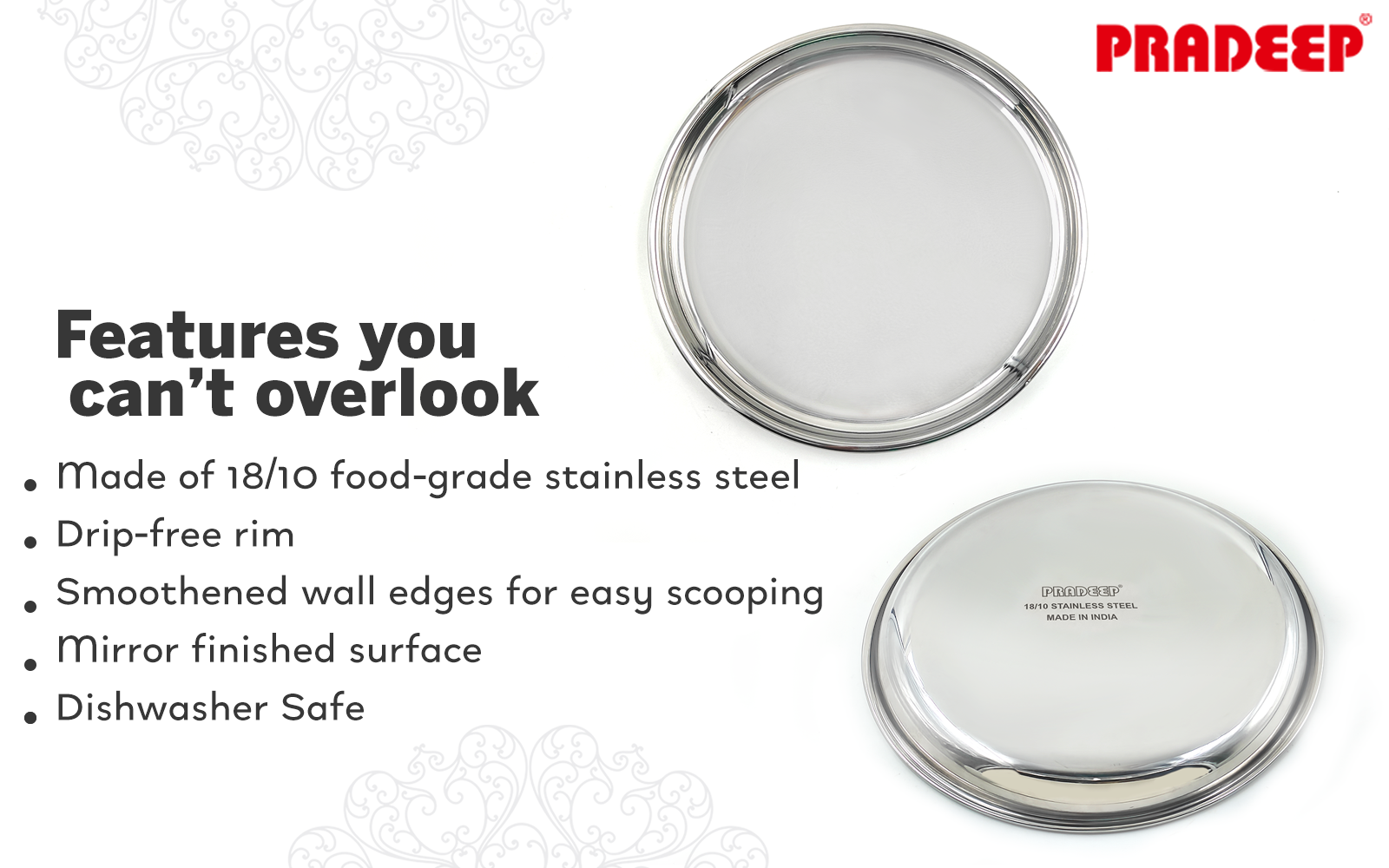 PRADEEP Stainless stell Heavy Gauge Dinner Plate with Mirror Finish/Serveware Plates/Snacks Plates/Thali Plates/Food Grade/Quarter Plates/Full Plates/Steel Serving Plate for Dinner