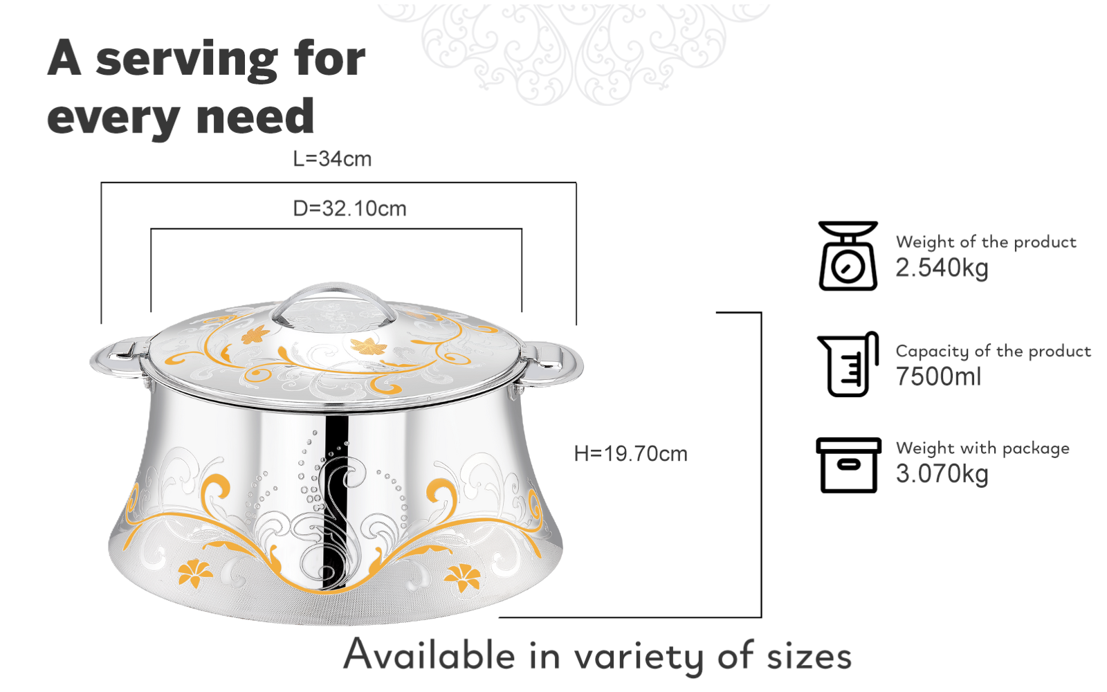 PRADEEP AVA Stainless Steel Insulated Serving Casserole with Design Lid/Double Walled/Stainless Steel Casserole/Hot & Cold/Dishwasher Safe/Serving Casserole/BPA Free/Easy to Carry/Silver-Gold