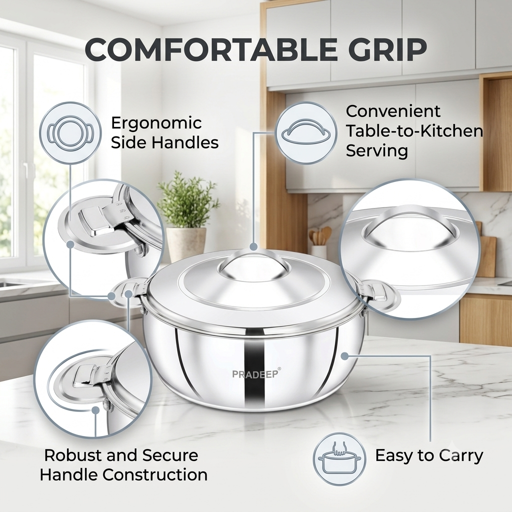 PRADEEP Paros Stainless Steel Insulated Casserole Hotpot | Double Wall PUF Thermal Insulation | Twist Lock Steel Lid | Hot Case Hot Box for Roti, Chapati, Rice & Gravy