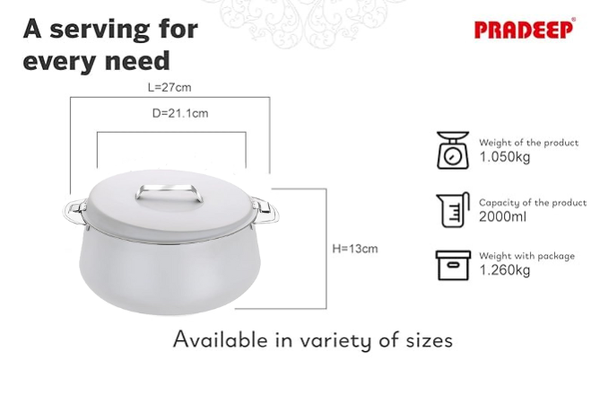 Pradeep Esteem Stainless Steel Insulated Serving Casserole, 1-Piece, Silver(PINK,BLUE, BEIGE,GREY)