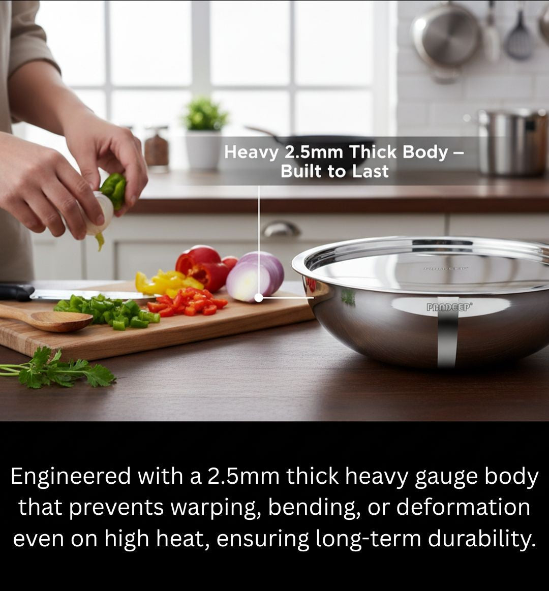 PRADEEP Triply Stainless Steel Tasla with SS Lid|3 Ply Tasla/Kadai/Wok|18/10 Food Grade
