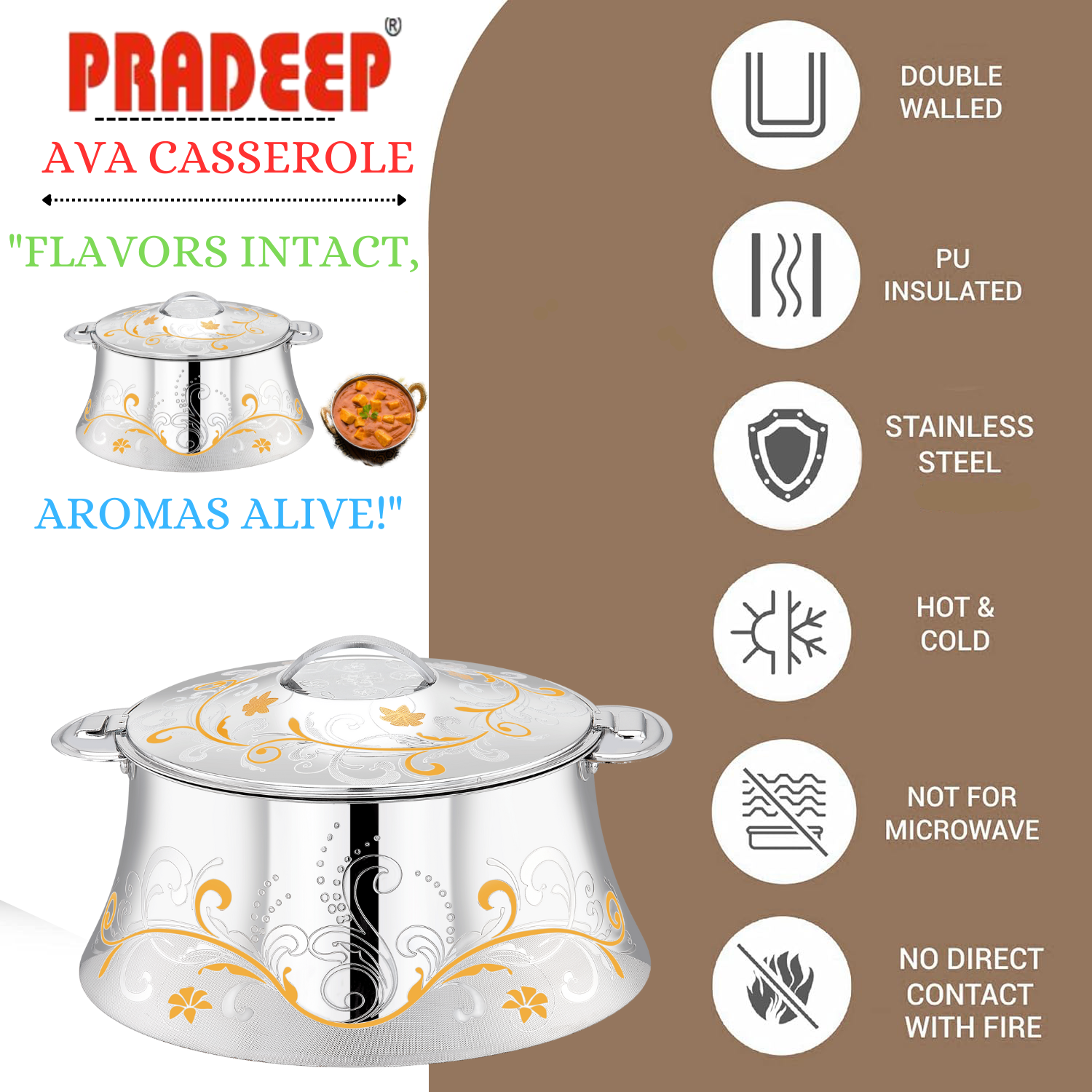 PRADEEP AVA Stainless Steel Insulated Serving Casserole with Design Lid/Double Walled/Stainless Steel Casserole/Hot & Cold/Dishwasher Safe/Serving Casserole/BPA Free/Easy to Carry/Silver-Gold