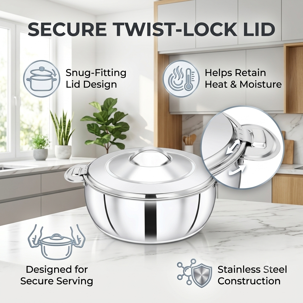 PRADEEP Paros Stainless Steel Insulated Casserole Hotpot | Double Wall PUF Thermal Insulation | Twist Lock Steel Lid | Hot Case Hot Box for Roti, Chapati, Rice & Gravy