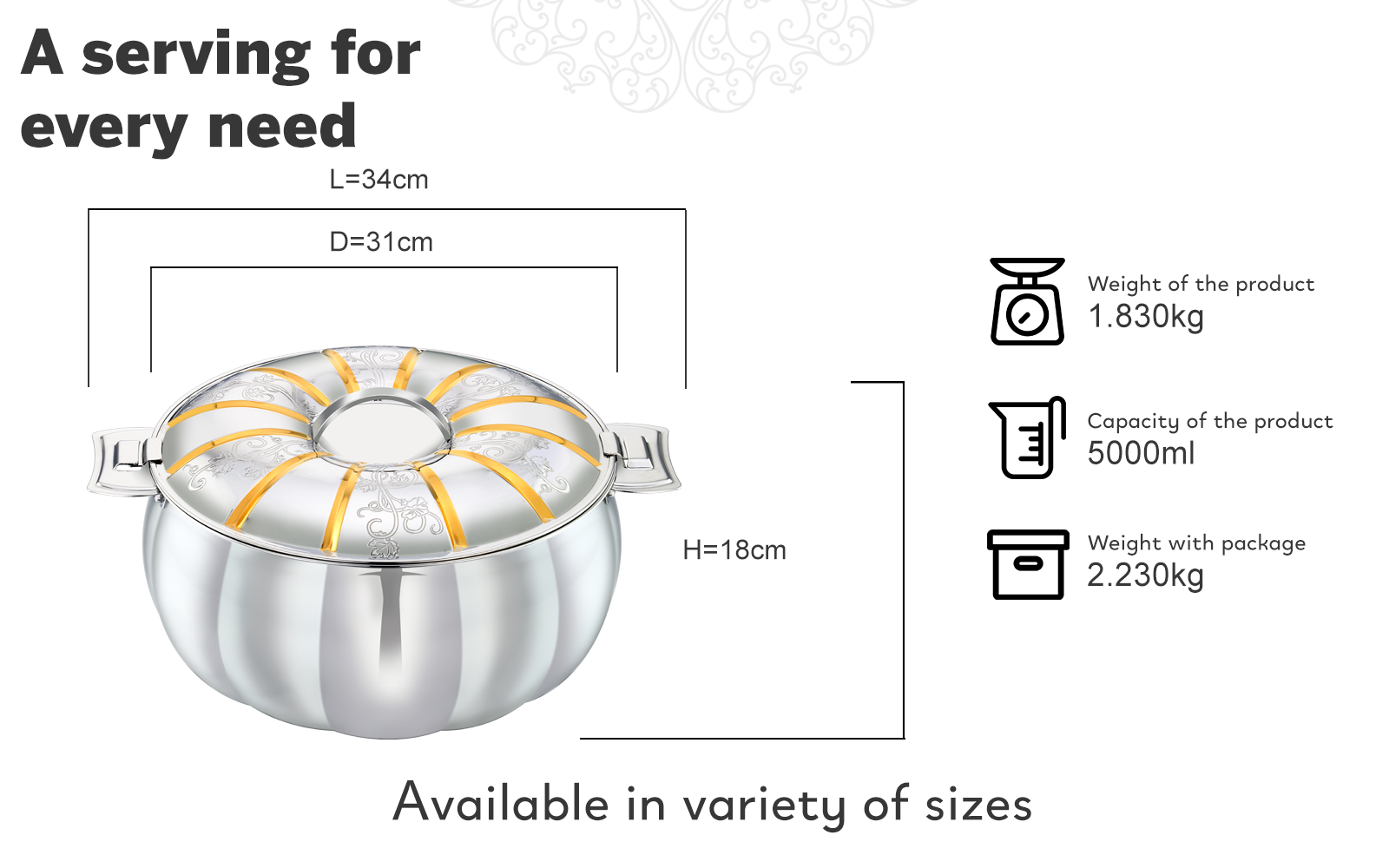 DIYA Stainless Steel Insulated Serving Casserole with Design Lid/Double walled/Stainless steel Casserole/Hot & Cold/ Dishwasher Safe/Serving Casserole/ BPA Free/Silver-7236 GOLD