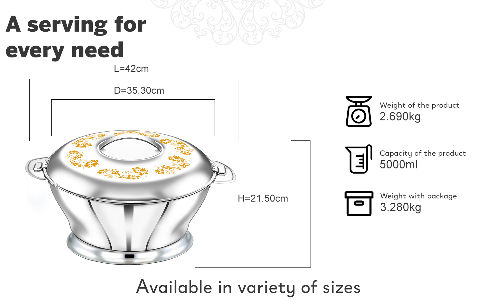 BLOOM Stainless Steel Insulated Serving Casserole with Design Lid/Double walled/Stainless steel Casserole/Hot & Cold/ Dishwasher Safe/Serving Casserole/ BPA Free/Silver-7232 GOLD FLOWER