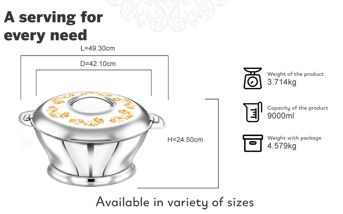 BLOOM Stainless Steel Insulated Serving Casserole with Design Lid/Double walled/Stainless steel Casserole/Hot & Cold/ Dishwasher Safe/Serving Casserole/ BPA Free/Silver-7232 GOLD FLOWER