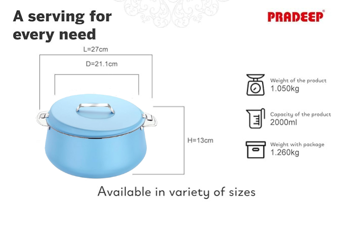 Pradeep Esteem Stainless Steel Insulated Serving Casserole, 1-Piece, Silver(PINK,BLUE, BEIGE,GREY)