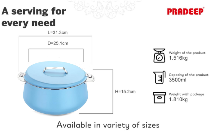 Pradeep Esteem Stainless Steel Insulated Serving Casserole, 1-Piece, Silver(PINK,BLUE, BEIGE,GREY)