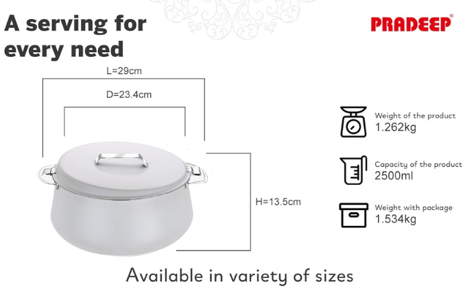 Pradeep Esteem Stainless Steel Insulated Serving Casserole, 1-Piece, Silver(PINK,BLUE, BEIGE,GREY)