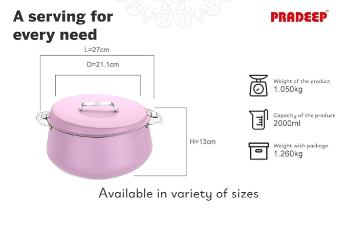 Pradeep Esteem Stainless Steel Insulated Serving Casserole, 1-Piece, Silver(PINK,BLUE, BEIGE,GREY)