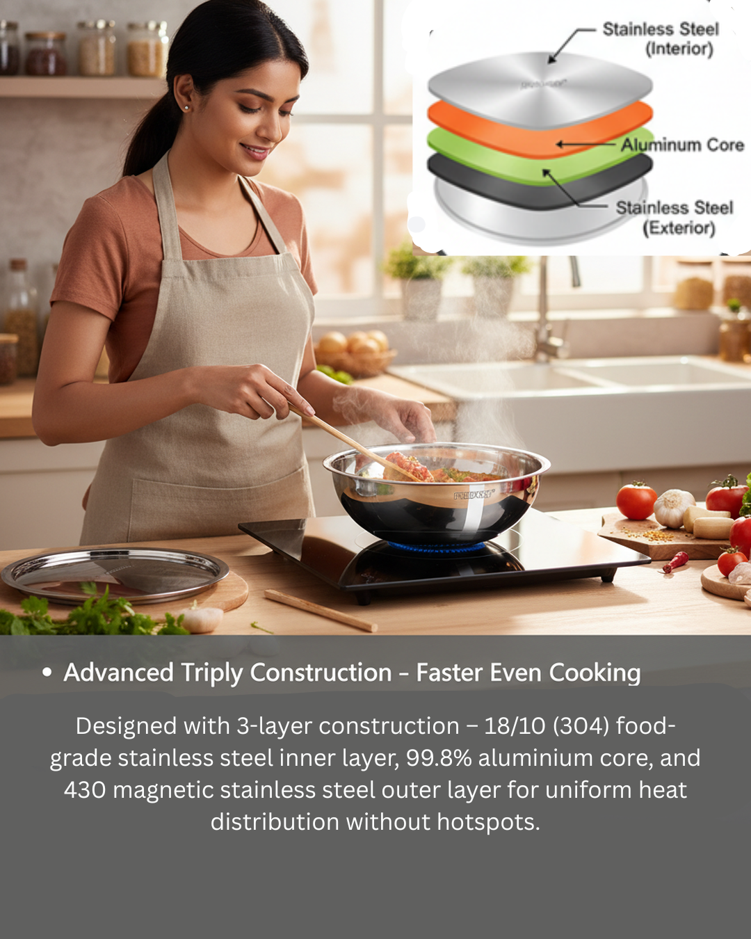 PRADEEP Triply Stainless Steel Tasla with SS Lid|3 Ply Tasla/Kadai/Wok|18/10 Food Grade