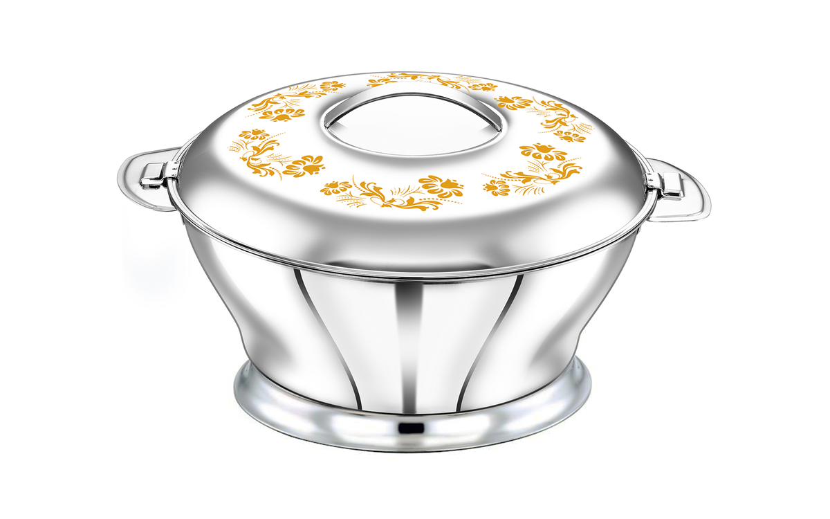 BLOOM Stainless Steel Insulated Serving Casserole with Design Lid/Double walled/Stainless steel Casserole/Hot & Cold/ Dishwasher Safe/Serving Casserole/ BPA Free/Silver-7232 GOLD FLOWER