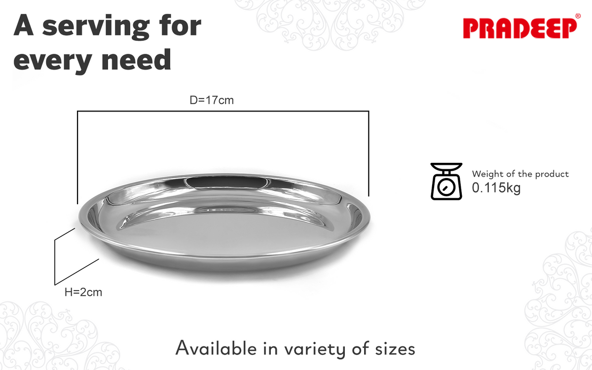 PRADEEP Stainless stell Heavy Gauge Dinner Plate with Mirror Finish/Serveware Plates/Snacks Plates/Thali Plates/Food Grade/Quarter Plates/Full Plates/Steel Serving Plate for Dinner