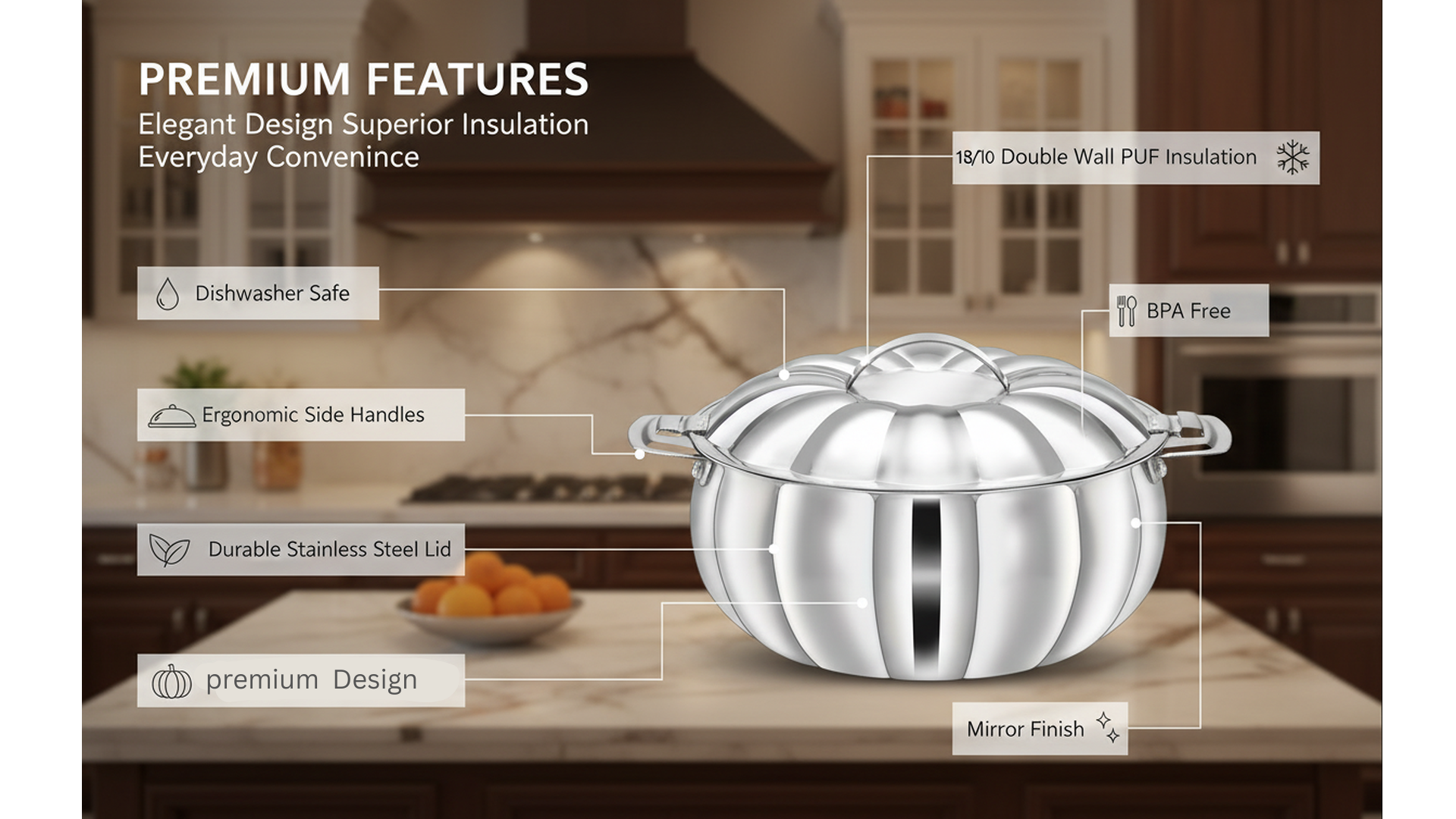 PRADEEP Diya Silver Stainless Steel Insulated Serving Casserole with Lid|Double Wall PUF Insulation|18/10 Food Grade Stainless Steel|Hot Pot|Hot Box|BPA Free| Dishwasher Safe