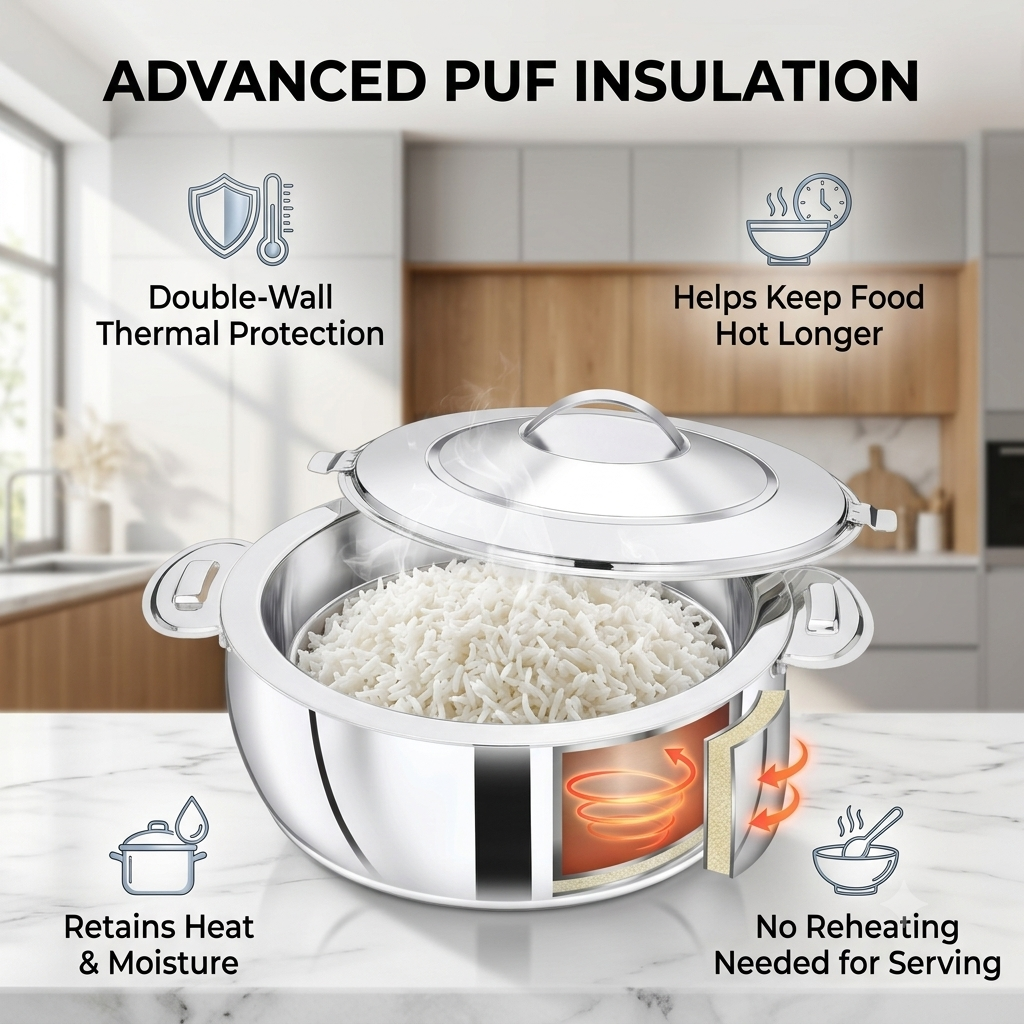 PRADEEP Paros Stainless Steel Insulated Casserole Hotpot | Double Wall PUF Thermal Insulation | Twist Lock Steel Lid | Hot Case Hot Box for Roti, Chapati, Rice & Gravy