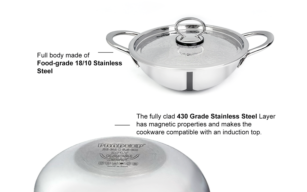 Pradeep Stainless Steel Triply Kadai with SS Design Lid (PROLINE)