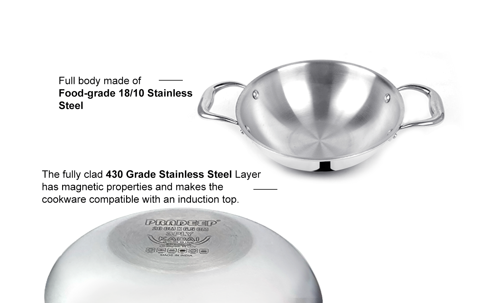 PRO PLUS -  Triply Kadhai with SS  Design lid (CASTING HANDLE)