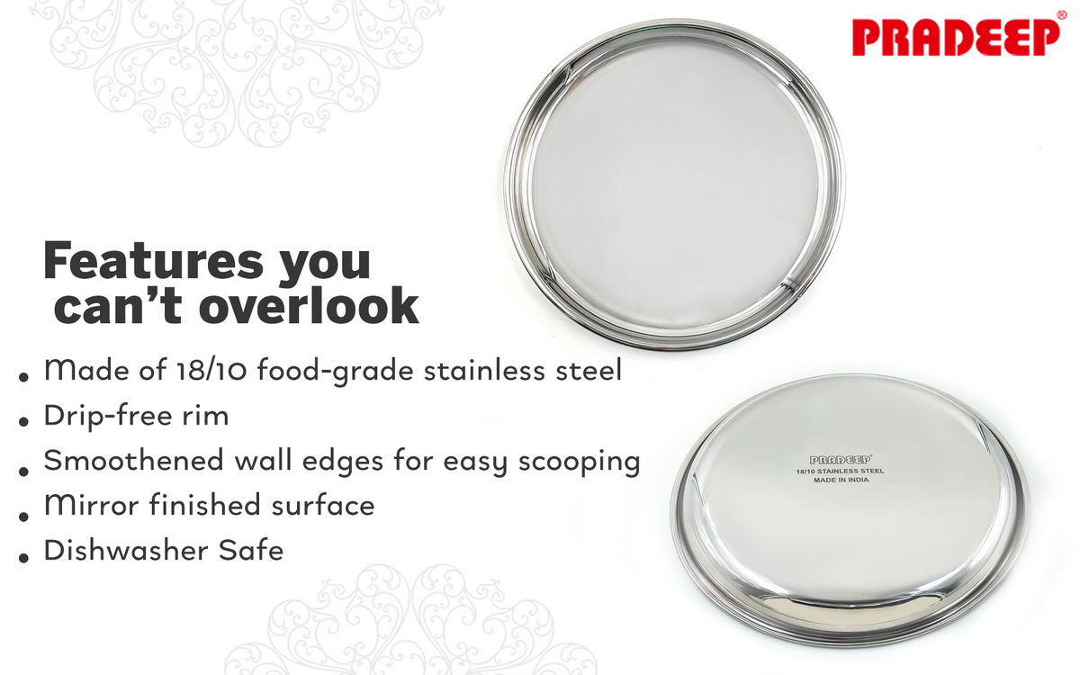 PRADEEP Stainless stell Heavy Gauge Dinner Plate with Mirror Finish/Serveware Plates/Snacks Plates/Thali Plates/Food Grade/Quarter Plates/Full Plates/Steel Serving Plate for Dinner