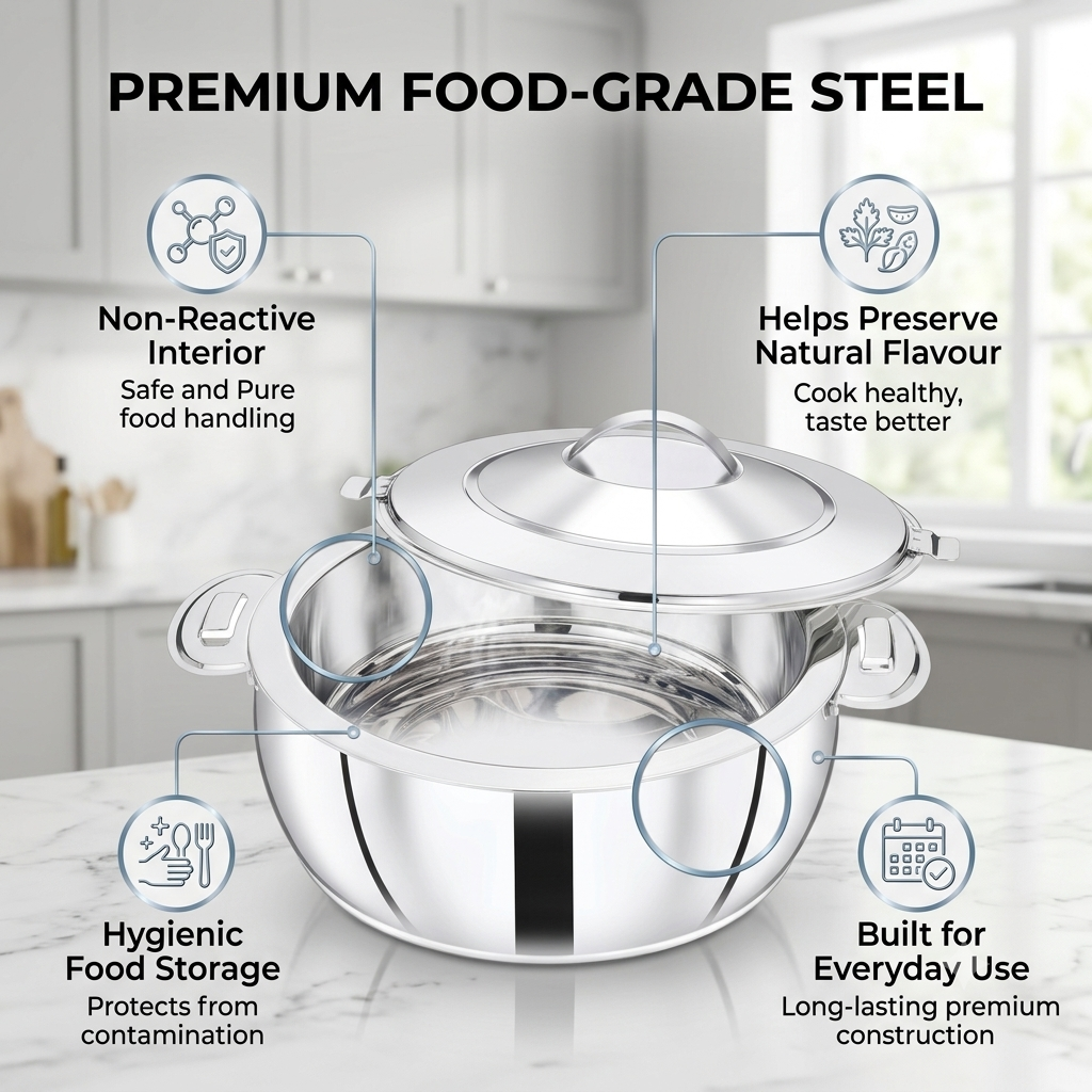 PRADEEP Paros Stainless Steel Insulated Casserole Hotpot | Double Wall PUF Thermal Insulation | Twist Lock Steel Lid | Hot Case Hot Box for Roti, Chapati, Rice & Gravy
