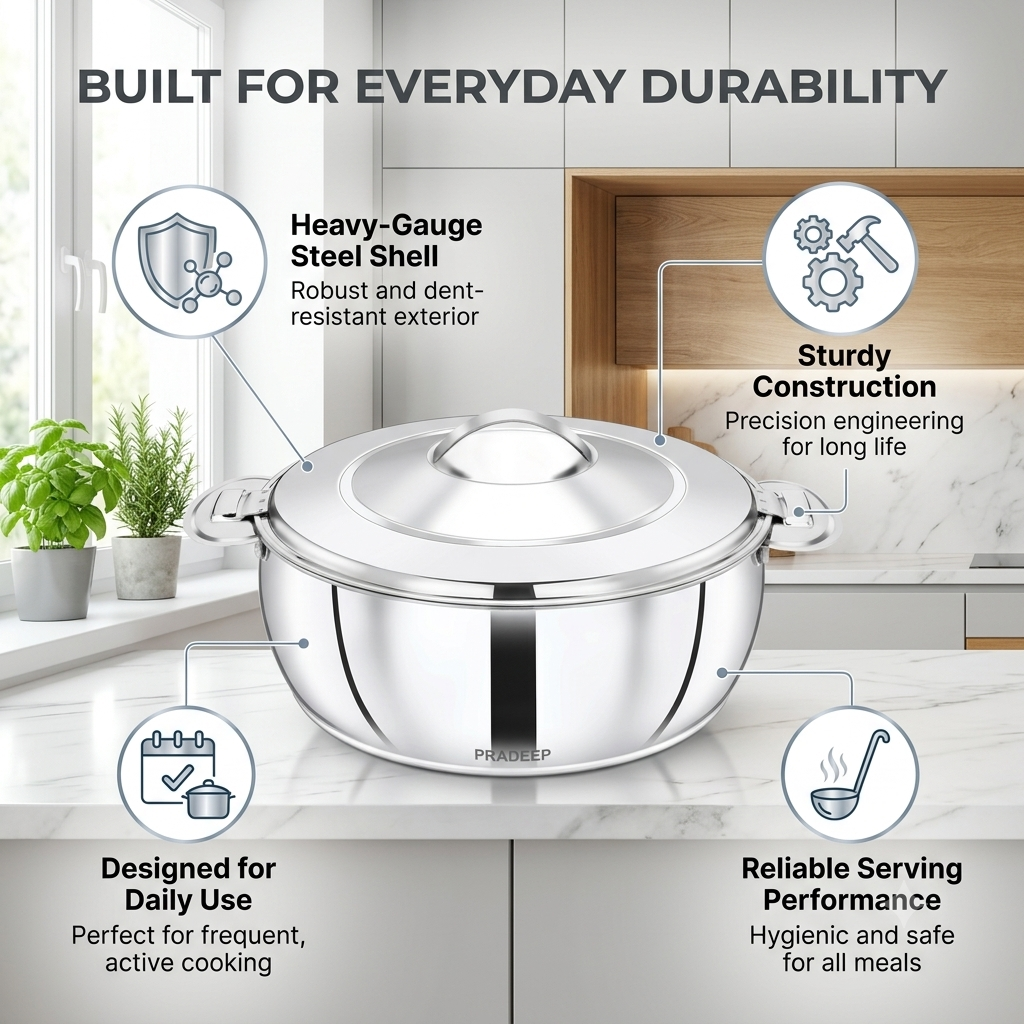 PRADEEP Paros Stainless Steel Insulated Casserole Hotpot | Double Wall PUF Thermal Insulation | Twist Lock Steel Lid | Hot Case Hot Box for Roti, Chapati, Rice & Gravy