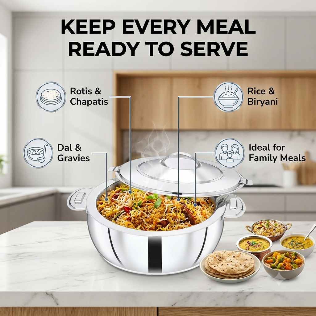 PRADEEP Paros Stainless Steel Insulated Casserole Hotpot | Double Wall PUF Thermal Insulation | Twist Lock Steel Lid | Hot Case Hot Box for Roti, Chapati, Rice & Gravy