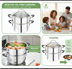 Pradeep Stainless Steel Steamer Pot with Glass Lid|2 Tier Multipurpose Steamer Pot for Modak,Momo,Dhokla,Idiyappam & Vegetable Steamer|Heavy Triply Bottom|Induction & Gas Compatible Cookware