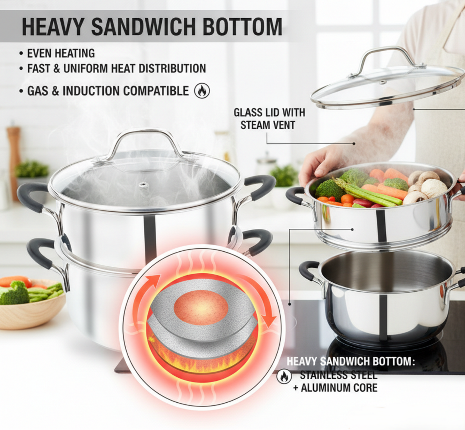 Pradeep Stainless Steel Steamer Pot with Glass Lid|2 Tier Multipurpose Steamer Pot for Modak,Momo,Dhokla,Idiyappam & Vegetable Steamer|Heavy Triply Bottom|Induction & Gas Compatible Cookware