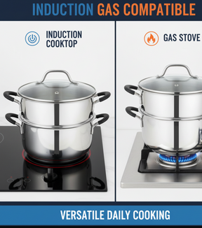 Pradeep Stainless Steel Steamer Pot with Glass Lid|2 Tier Multipurpose Steamer Pot for Modak,Momo,Dhokla,Idiyappam & Vegetable Steamer|Heavy Triply Bottom|Induction & Gas Compatible Cookware
