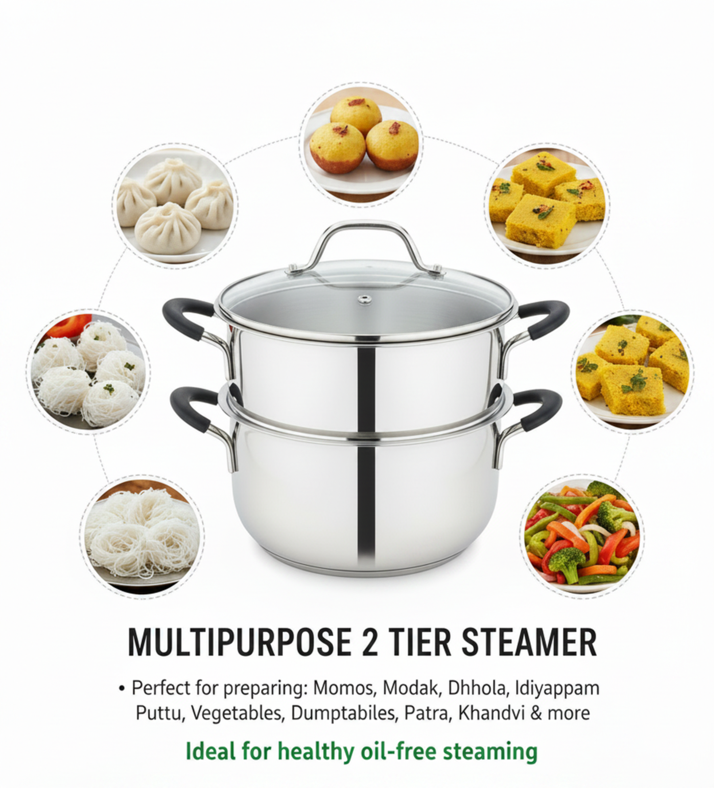 Pradeep Stainless Steel Steamer Pot with Glass Lid|2 Tier Multipurpose Steamer Pot for Modak,Momo,Dhokla,Idiyappam & Vegetable Steamer|Heavy Triply Bottom|Induction & Gas Compatible Cookware