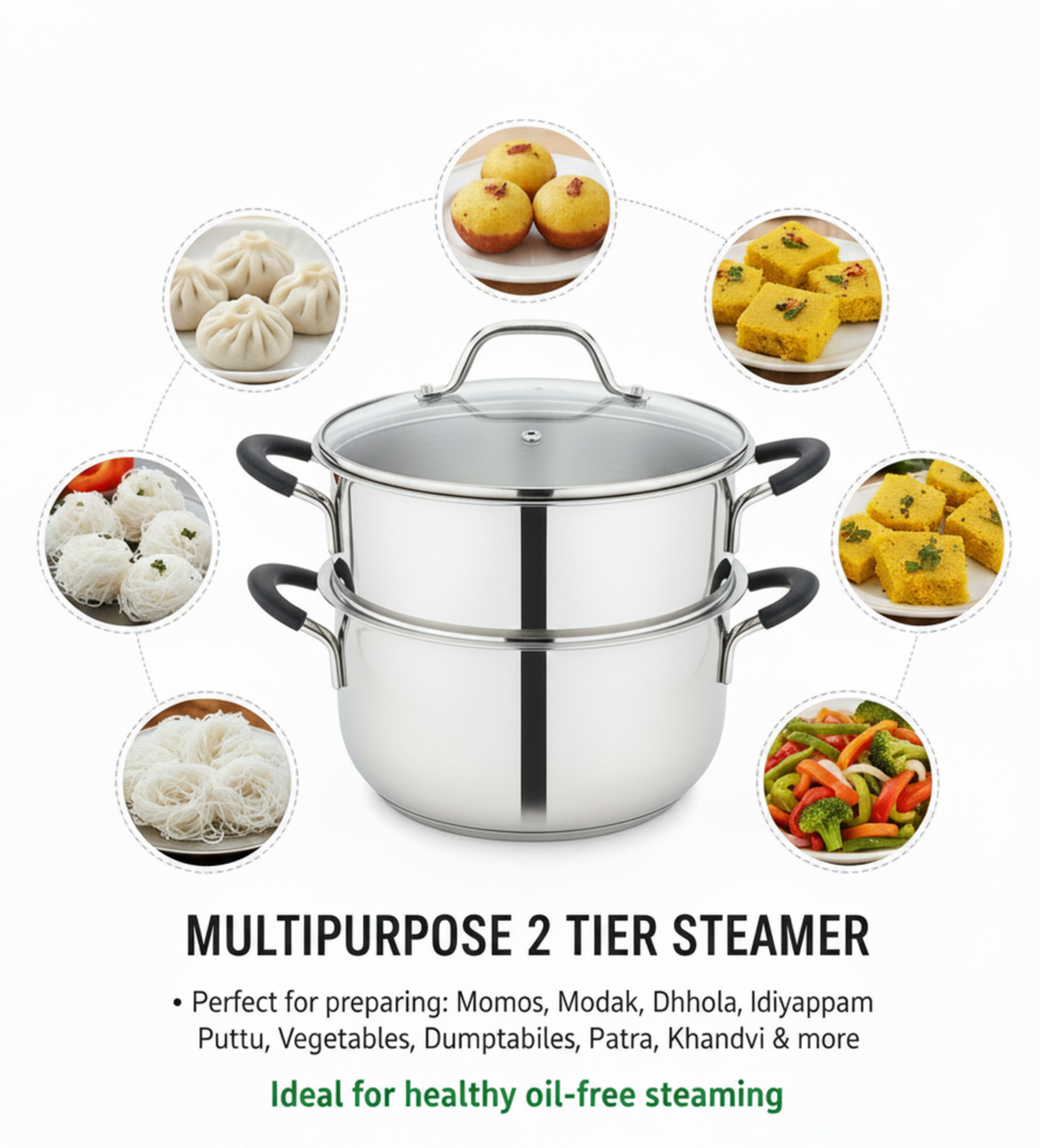 Pradeep Stainless Steel Steamer Pot with Glass Lid|2 Tier Multipurpose Steamer Pot for Modak,Momo,Dhokla,Idiyappam & Vegetable Steamer|Heavy Triply Bottom|Induction & Gas Compatible Cookware