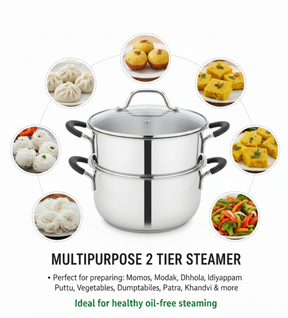 Pradeep Stainless Steel Steamer Pot with Glass Lid|2 Tier Multipurpose Steamer Pot for Modak,Momo,Dhokla,Idiyappam & Vegetable Steamer|Heavy Triply Bottom|Induction & Gas Compatible Cookware