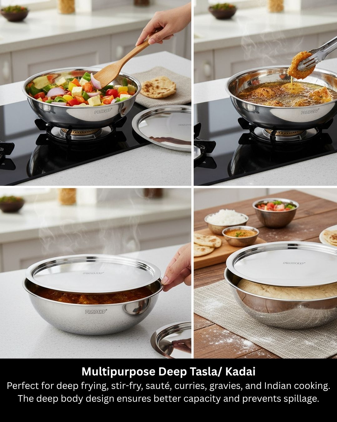 PRADEEP Triply Stainless Steel Tasla with SS Lid|3 Ply Tasla/Kadai/Wok|18/10 Food Grade