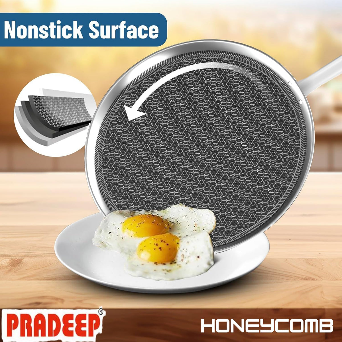 PRADEEP Stainless Steel Triply Non-Stick Honeycomb Dosa Tawa 29cm|for Dosa,Uthappam, Chapati,Naan,Dry Fry|Metal Utensil Safe&Scratch Resistant|Ergonomic Handle|Even Heating|Induction&All Cooktops