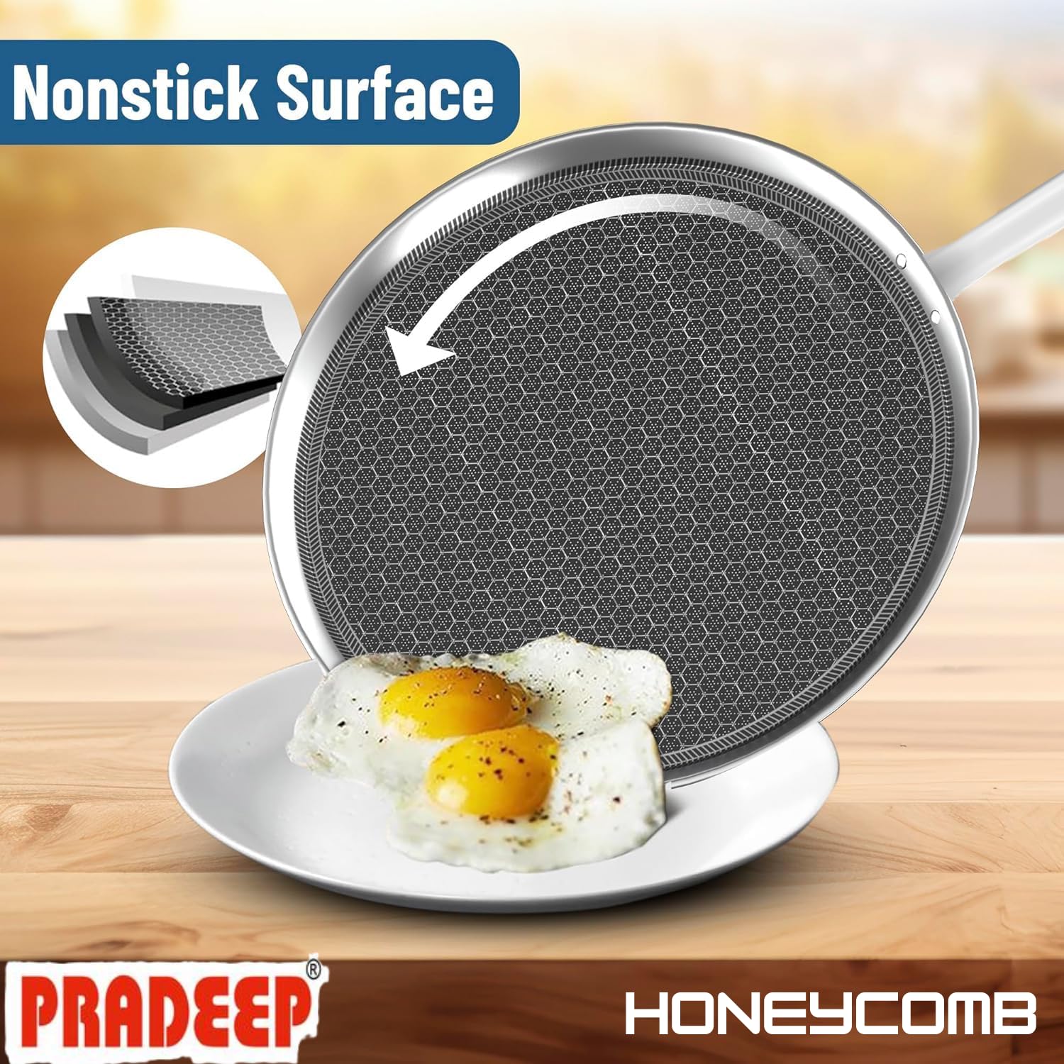 PRADEEP Stainless Steel Triply Non-Stick Honeycomb Dosa Tawa 29cm|for Dosa,Uthappam, Chapati,Naan,Dry Fry|Metal Utensil Safe&Scratch Resistant|Ergonomic Handle|Even Heating|Induction&All Cooktops