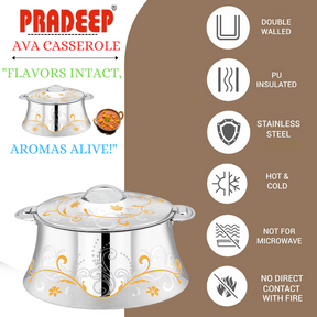 PRADEEP AVA Stainless Steel Insulated Serving Casserole with Design Lid/Double Walled/Stainless Steel Casserole/Hot & Cold/Dishwasher Safe/Serving Casserole/BPA Free/Easy to Carry/Silver-Gold