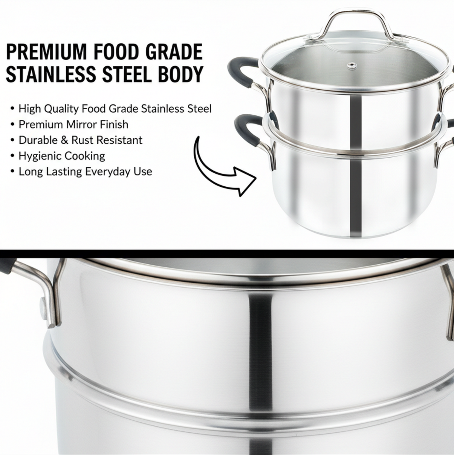 Pradeep Stainless Steel Steamer Pot with Glass Lid|2 Tier Multipurpose Steamer Pot for Modak,Momo,Dhokla,Idiyappam & Vegetable Steamer|Heavy Triply Bottom|Induction & Gas Compatible Cookware