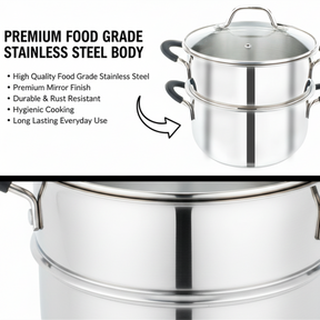 Pradeep Stainless Steel Steamer Pot with Glass Lid|2 Tier Multipurpose Steamer Pot for Modak,Momo,Dhokla,Idiyappam & Vegetable Steamer|Heavy Triply Bottom|Induction & Gas Compatible Cookware