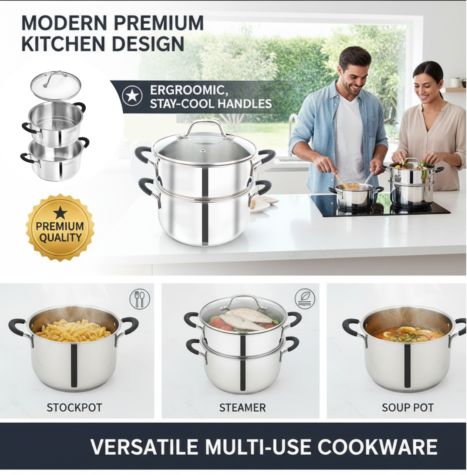 Pradeep Stainless Steel Steamer Pot with Glass Lid|2 Tier Multipurpose Steamer Pot for Modak,Momo,Dhokla,Idiyappam & Vegetable Steamer|Heavy Triply Bottom|Induction & Gas Compatible Cookware