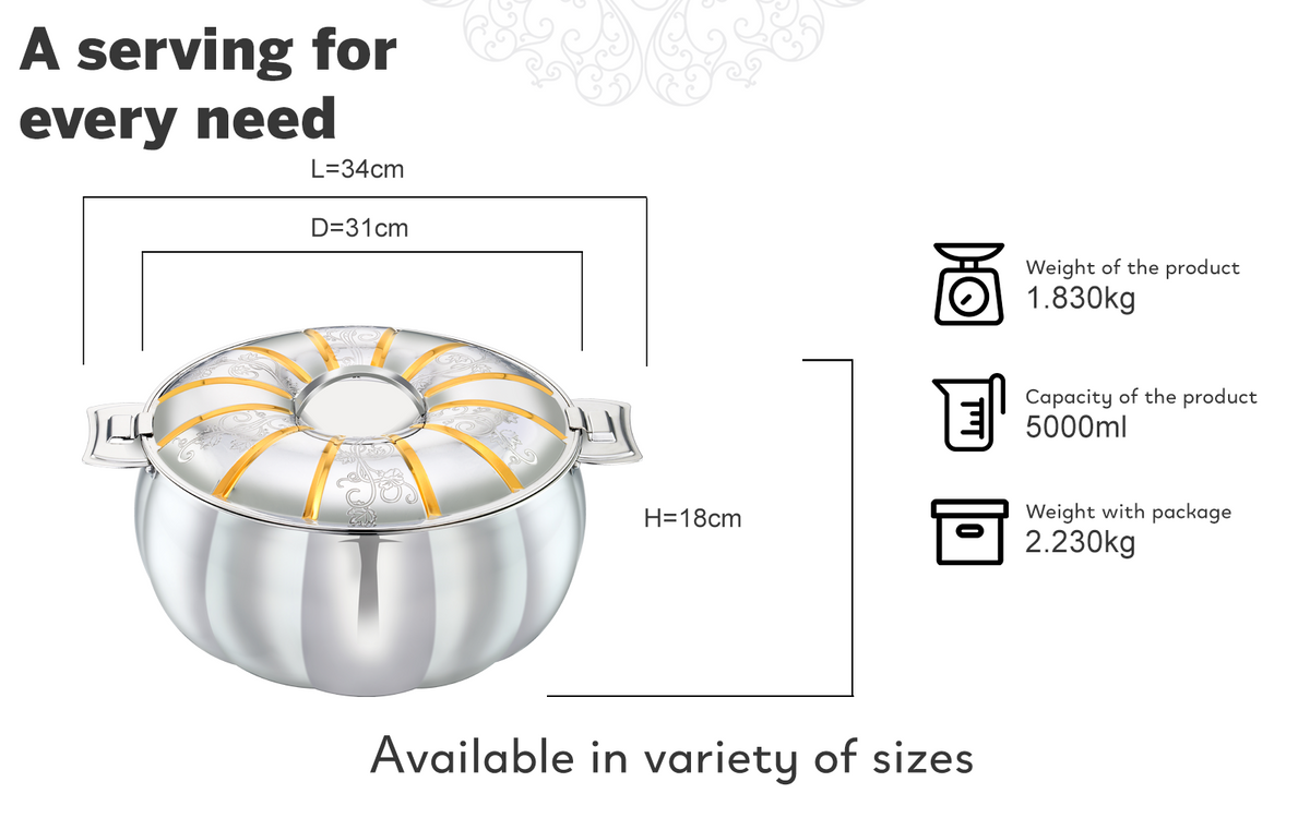 DIYA Stainless Steel Insulated Serving Casserole with Design Lid/Double walled/Stainless steel Casserole/Hot & Cold/ Dishwasher Safe/Serving Casserole/ BPA Free/Silver-7236 GOLD