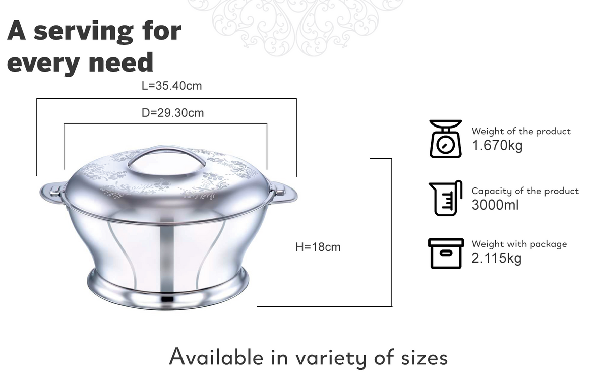 PRADEEP BLOOM Stainless Steel Insulated Serving Casserole with Design Lid/Double Walled/Stainless Steel Casserole/Hot & Cold/Dishwasher Safe/Serving Casserole/BPA Free/Silver-7232 Silver Flower