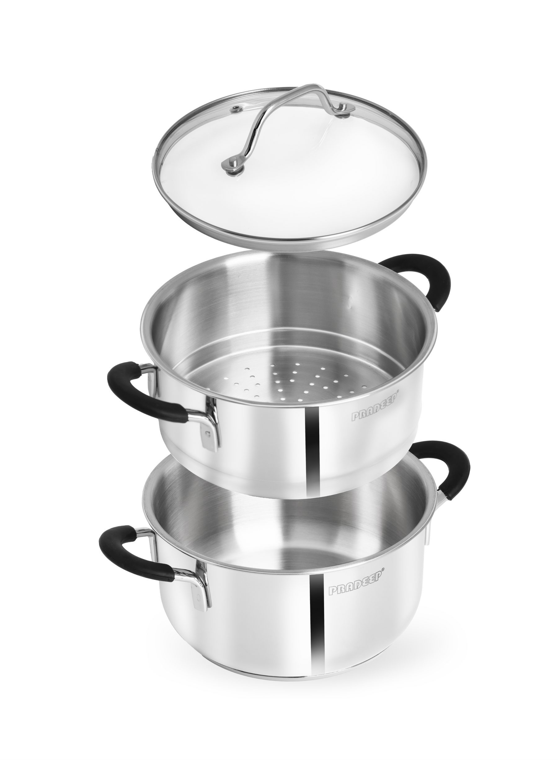 Pradeep Stainless Steel Steamer Pot with Glass Lid|2 Tier Multipurpose Steamer Pot for Modak,Momo,Dhokla,Idiyappam & Vegetable Steamer|Heavy Triply Bottom|Induction & Gas Compatible Cookware