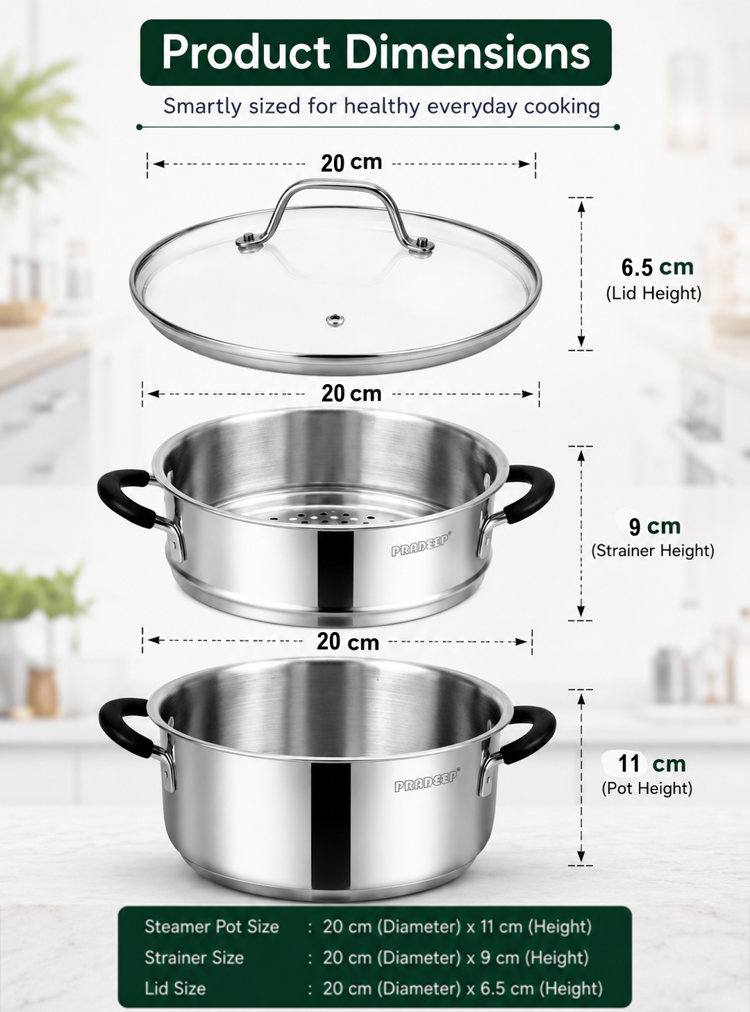 Pradeep Stainless Steel Steamer Pot with Glass Lid|2 Tier Multipurpose Steamer Pot for Modak,Momo,Dhokla,Idiyappam & Vegetable Steamer|Heavy Triply Bottom|Induction & Gas Compatible Cookware